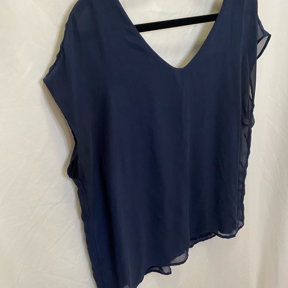 Ann Taylor blue blouse with sheer layer over lining, V cut front & back, size M